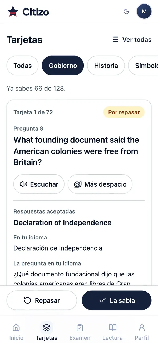Tarjeta de estudio con una pregunta en inglés, su audio y la respuesta en tu idioma